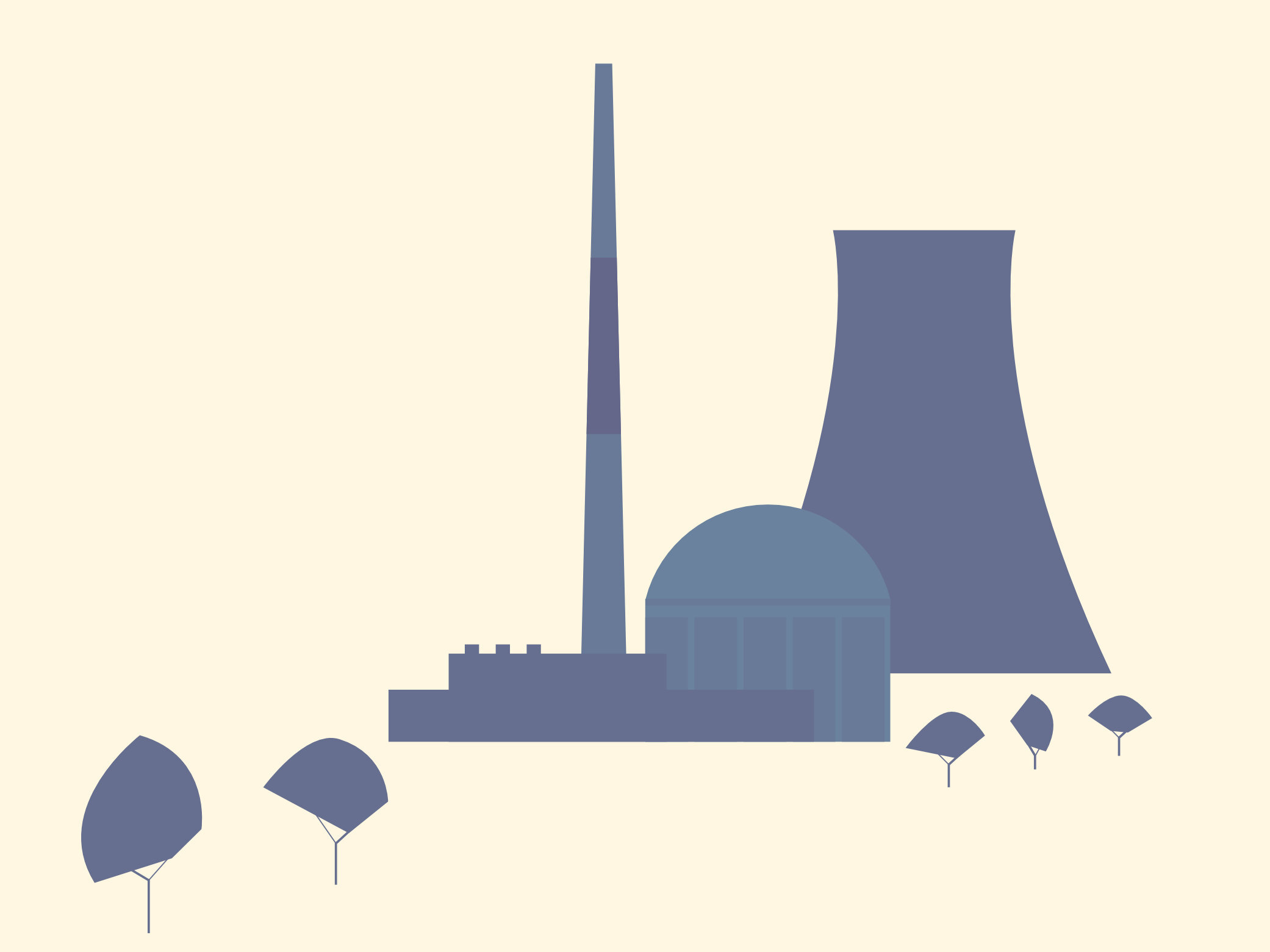 Illustration eines Kernkraftwerks mit umgebenden Bäumen