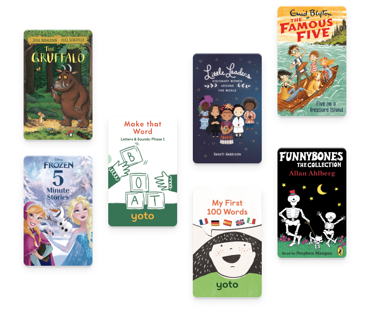 A selection of cards, including Frozen 5 Minute Stories, The Grufffalo, Make the Word, Little Leaders, My first 100 words, The Famous Five and Funny Bones the collection