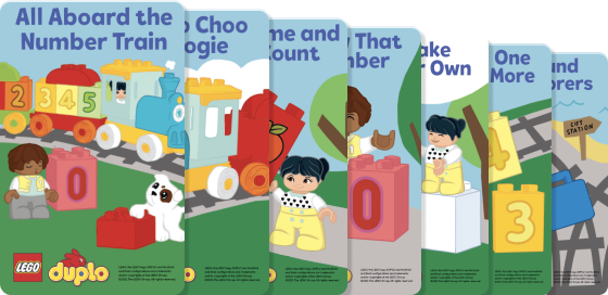 An image showing all the cards included in the pack, All aboard the number train, One more, Sound explorers, Choo choo Boogie, Come and count, Know that number and make your own