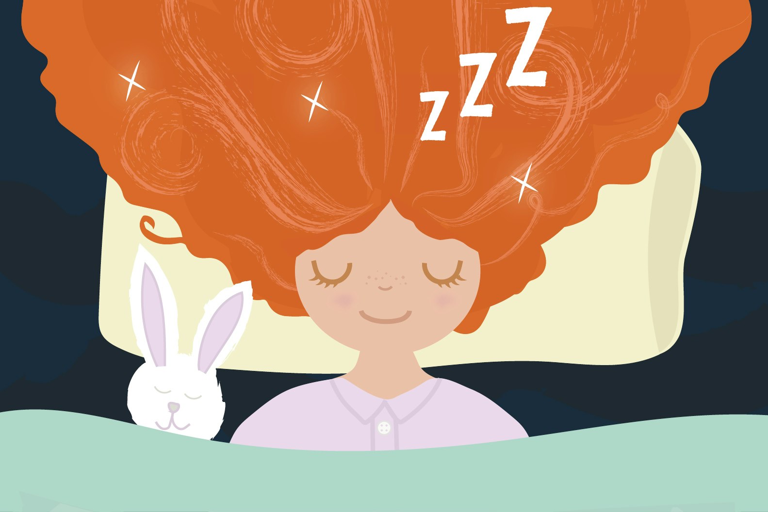 Illustration of a child sleeping happily, snuggled with a toy rabbit