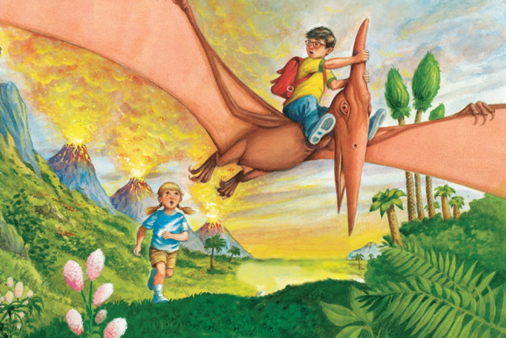 Illustration of the Magic Treehouse story. A boy flying aver countryside on a pterodactyl. A girl is running below
