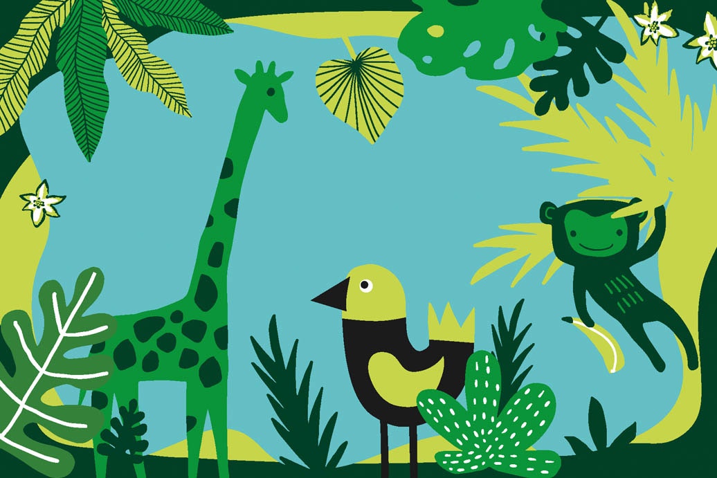 Cartoon illustration of animals in jungle: giraffe, parrot, monkey