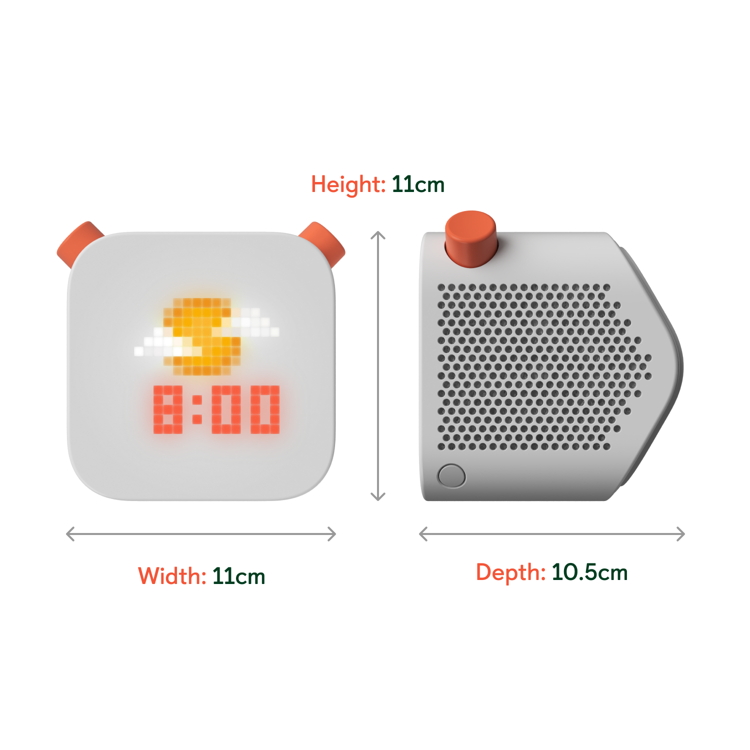 Dimensions of Yoto Player. Height 11cm, width 11cm, depth 10.5cm