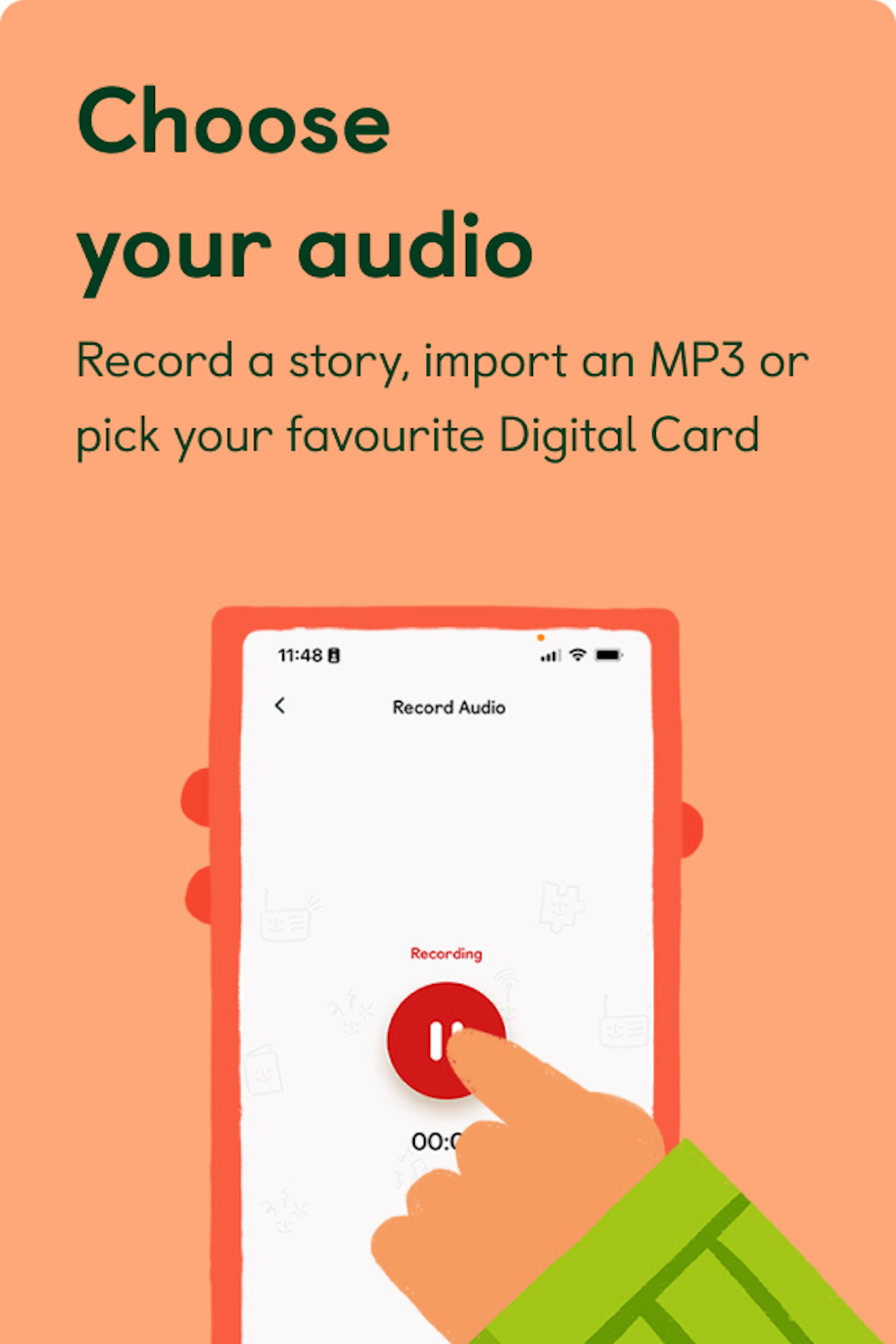 Illustration of a hand tapping the record button in the Yoto app