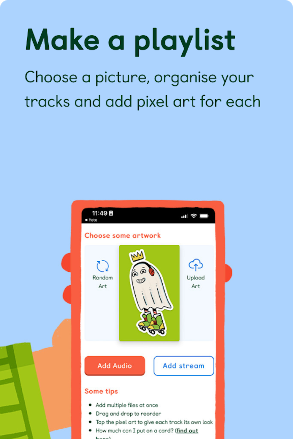 Illustration of arm holding a phone with the Yoto app on the playlist page