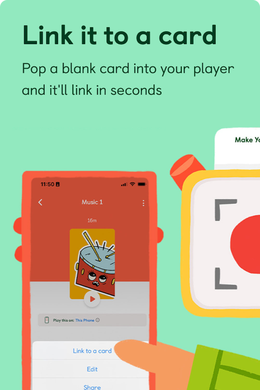 Illustration of a hand tapping the Link to a Card button in the Yoto app