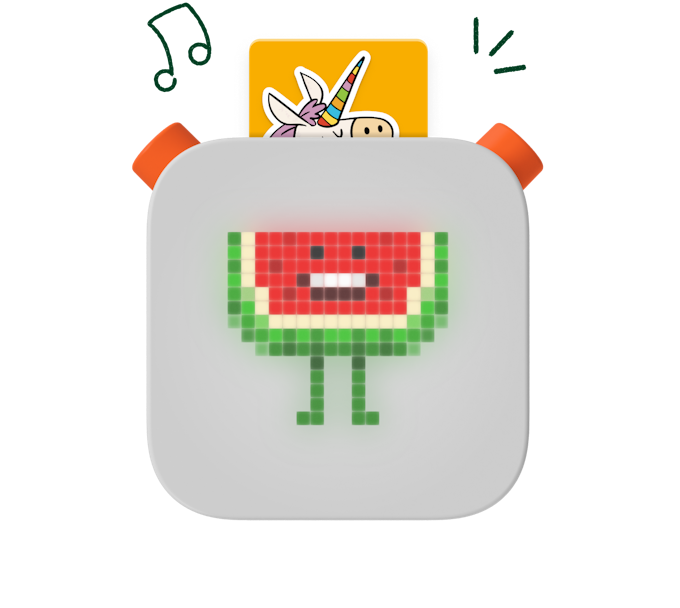 Yoto player with watermelon pixel art and a Make Your Own card inserted