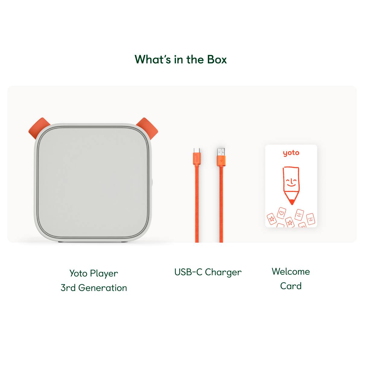 What's in the v3 box - Yoto Player, USB- charger and Welcome Card