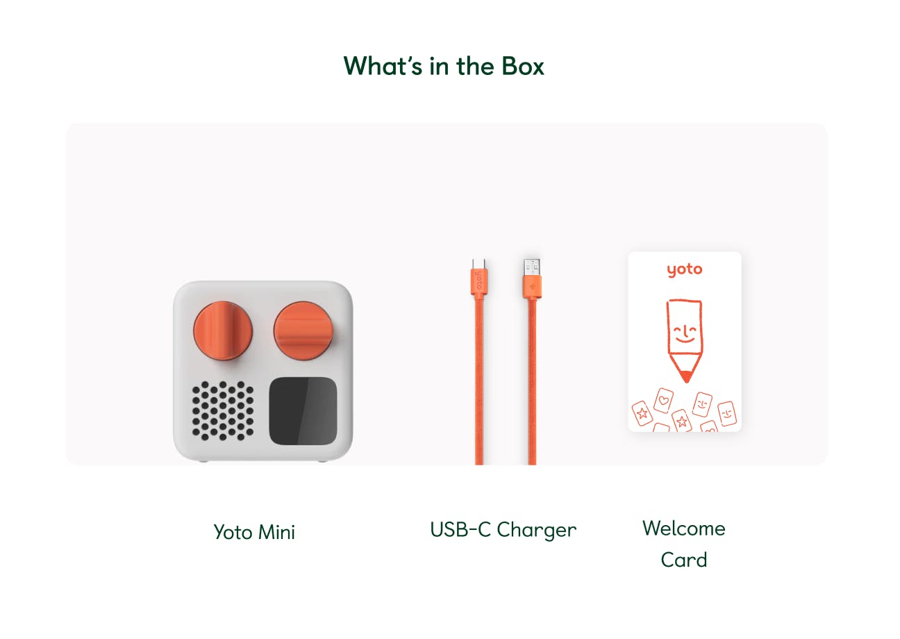 What's in the Mini box - Yoto Mini, USB-C Charger, and Welome Card