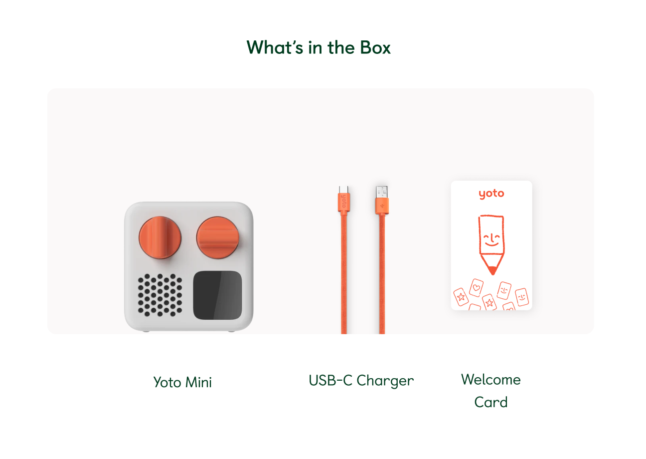 What's in the Mini box - Yoto Mini, USB-C Charger and Welcome card