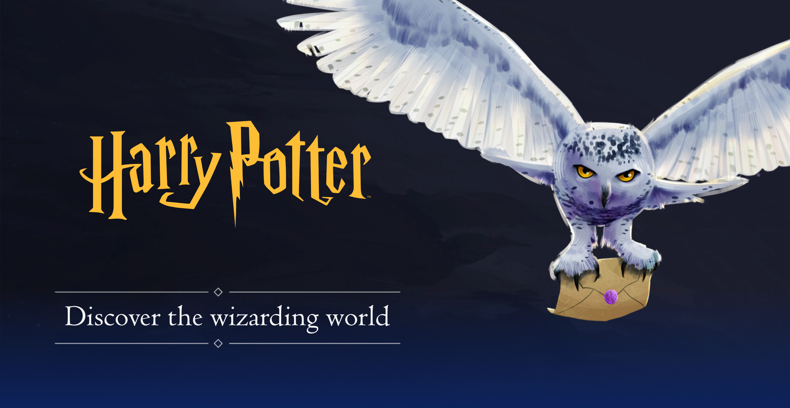 Image of Hedwig, the owl with caption: 'Discover the wizarding world'
