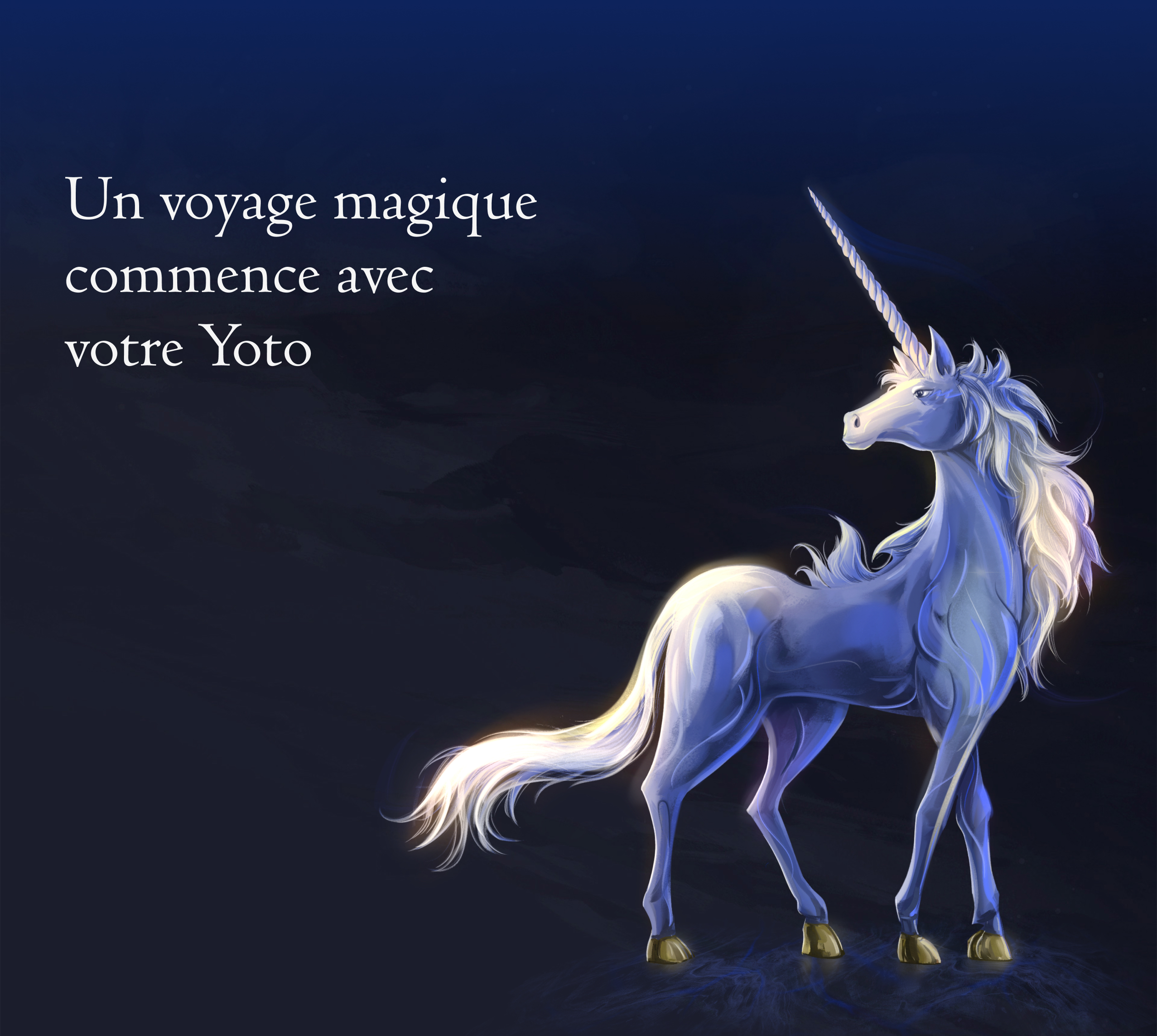Une licorne regardant sur le côté. La légende dit "Un voyage magique commence avec votre Yoto"
