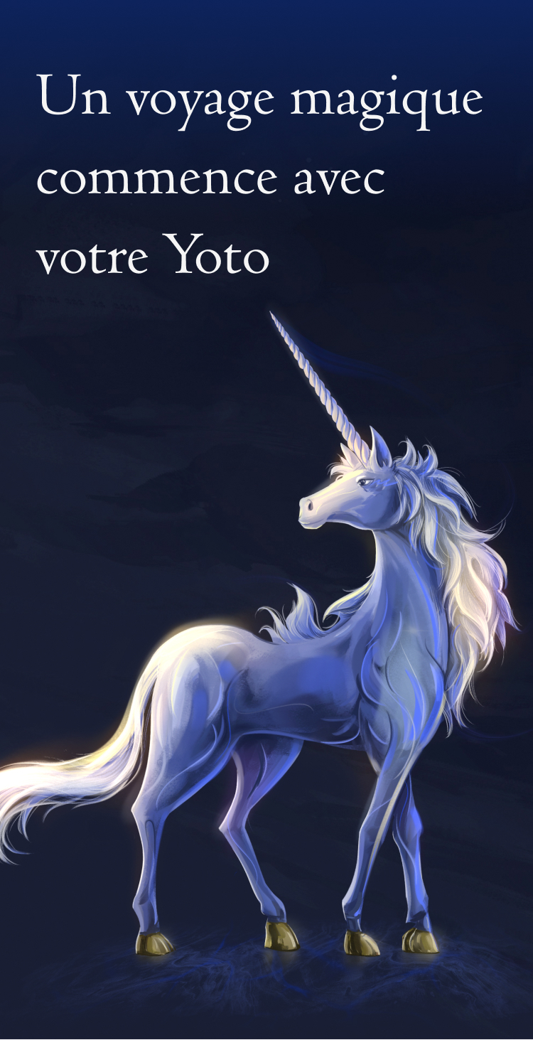 Une licorne regardant sur le côté. La légende dit "Un voyage magique commence avec votre Yoto"