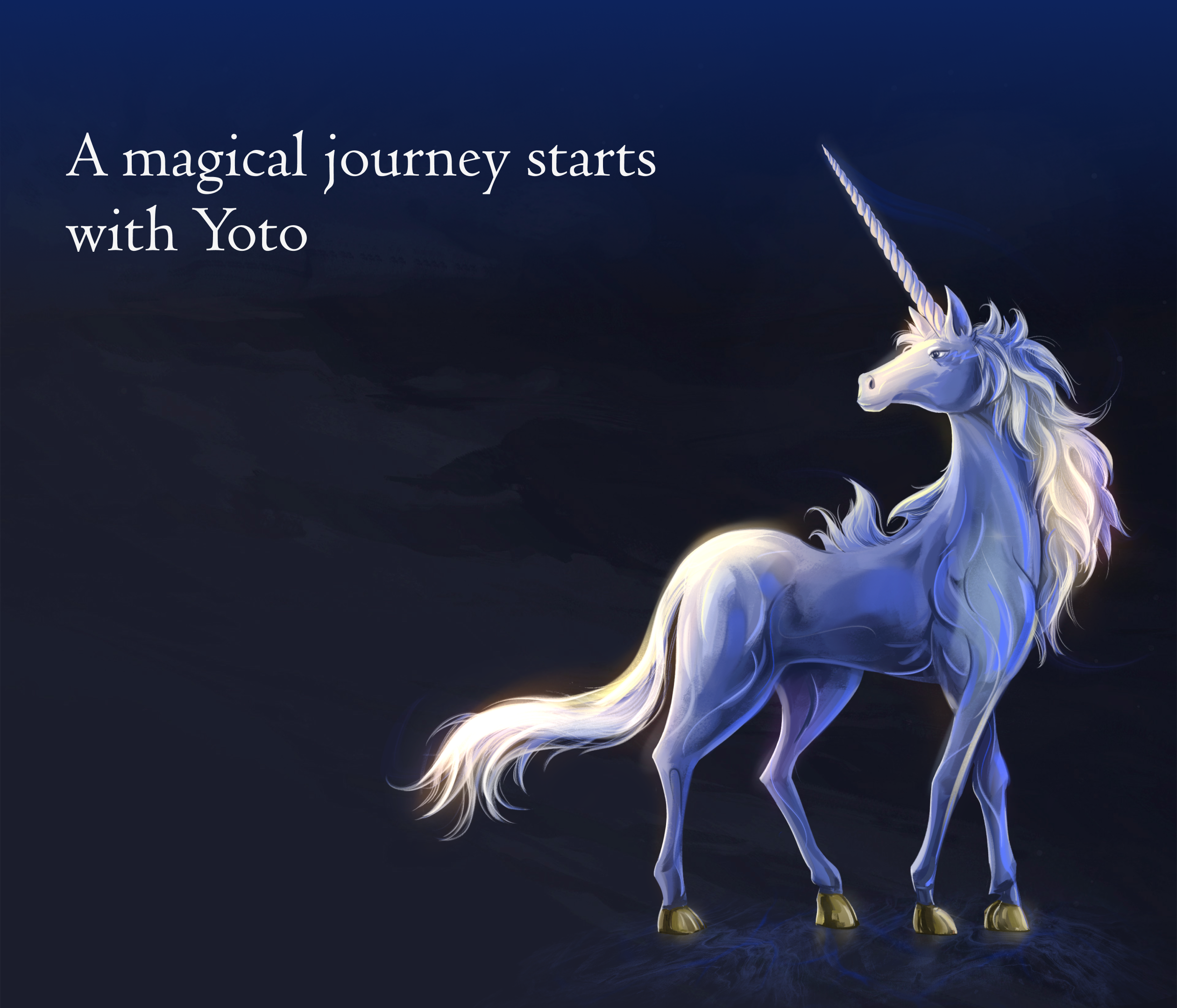 A unicorn looking towards the side. Caption says "A magical journey starts with your Yoto."