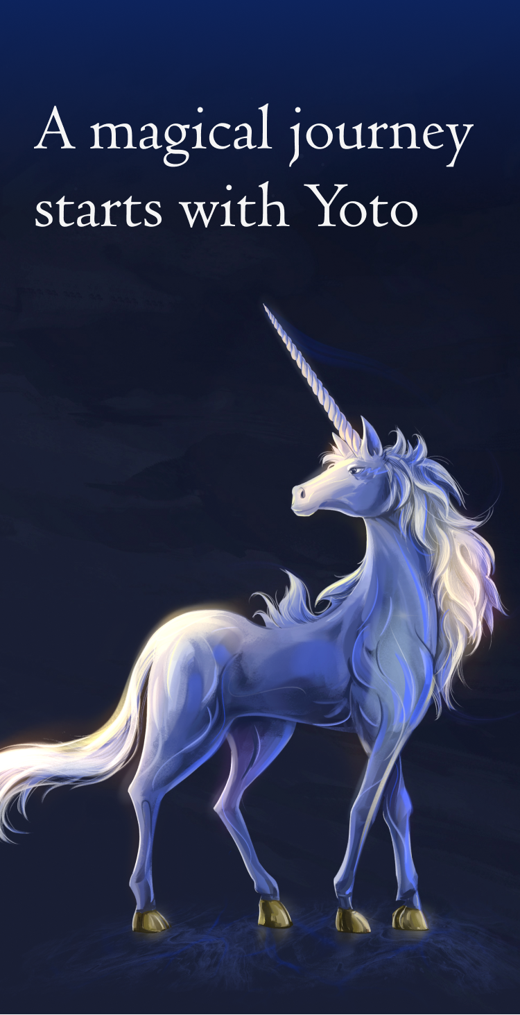 A unicorn looking towards the side. Caption says "A magical journey starts with your Yoto."