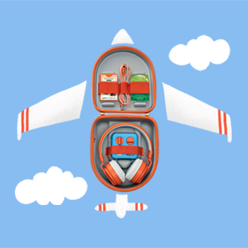 The Yoto Mini, Wireless Headphones, Charging Cable and Yoto Cards inside an open Yoto Mini Travel Case, with illustrations to make it look like an aeroplane