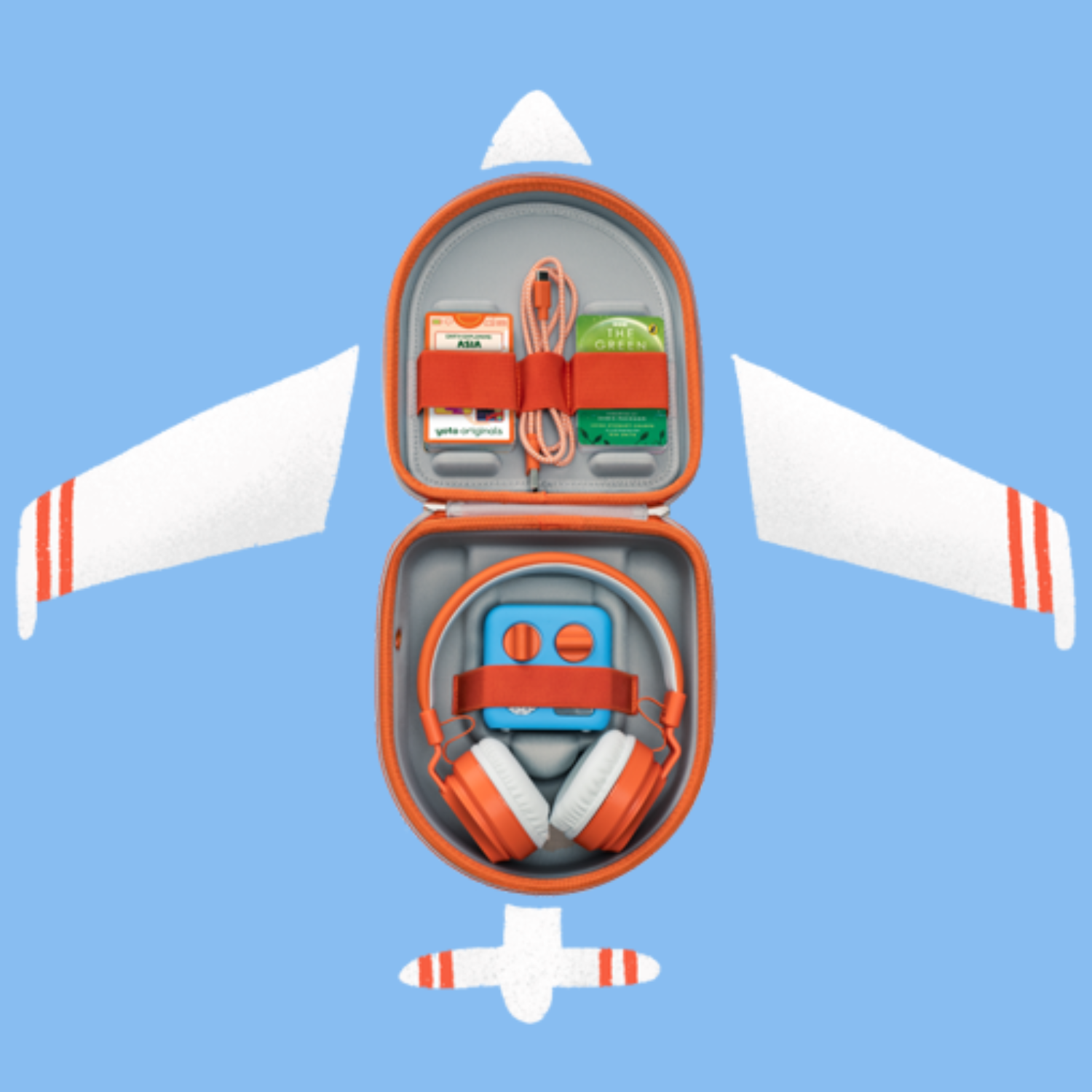 The Yoto Mini, Wireless Headphones, Charging Cable and Yoto Cards inside an open Yoto Mini Travel Case, with illustrations to make it look like an aeroplane