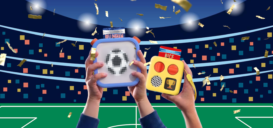 The Yoto Player and Yoto Mini held up with a football pitch in the background, with football cards in the players.