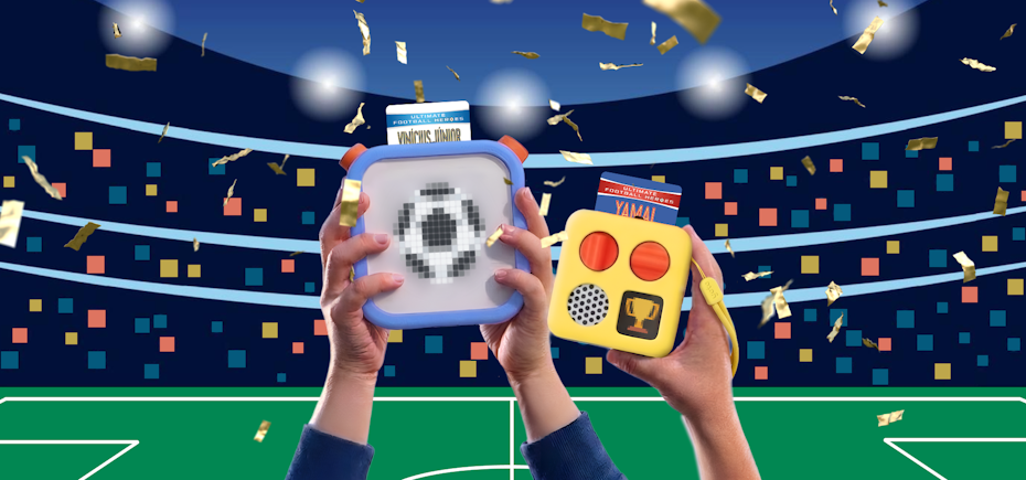 The Yoto Player and Yoto Mini held up with a football pitch in the background, with football cards in the players.