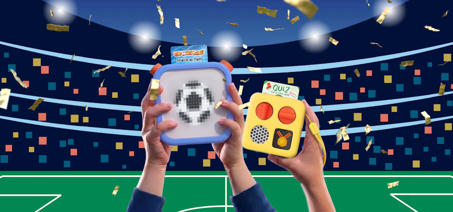 The Yoto Player and Yoto Mini held up with a football pitch in the background, with football cards in the players.