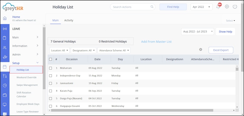 Create a holiday list
