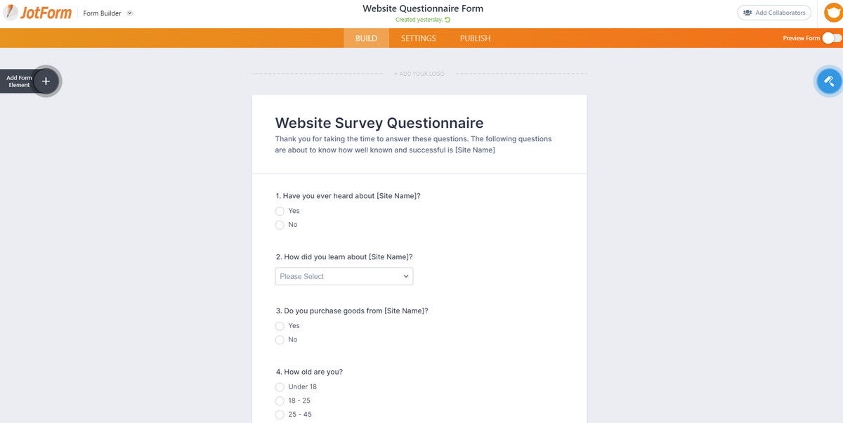 online website design questionnaire