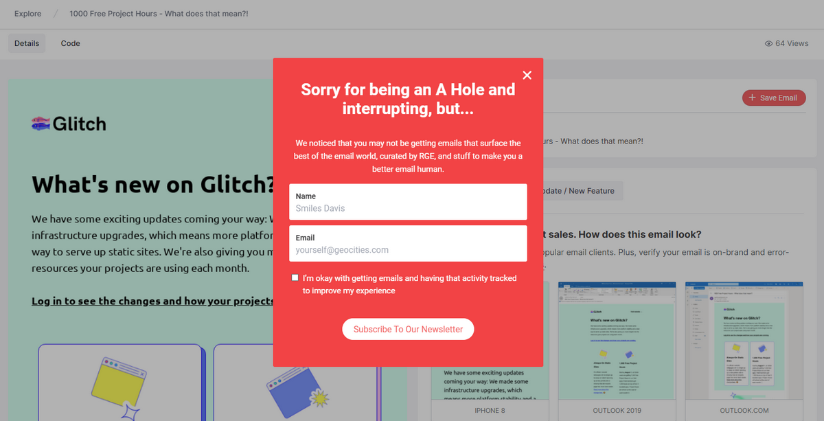 Really Good Emails Modal window