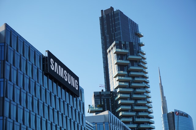 Samsung’s logo sits atop a building