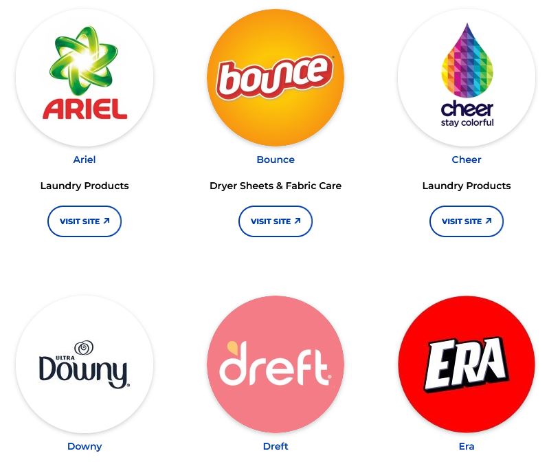 A gallery of logos including Ariel, Bounce, Cheer, Downy, Dreft, and Era