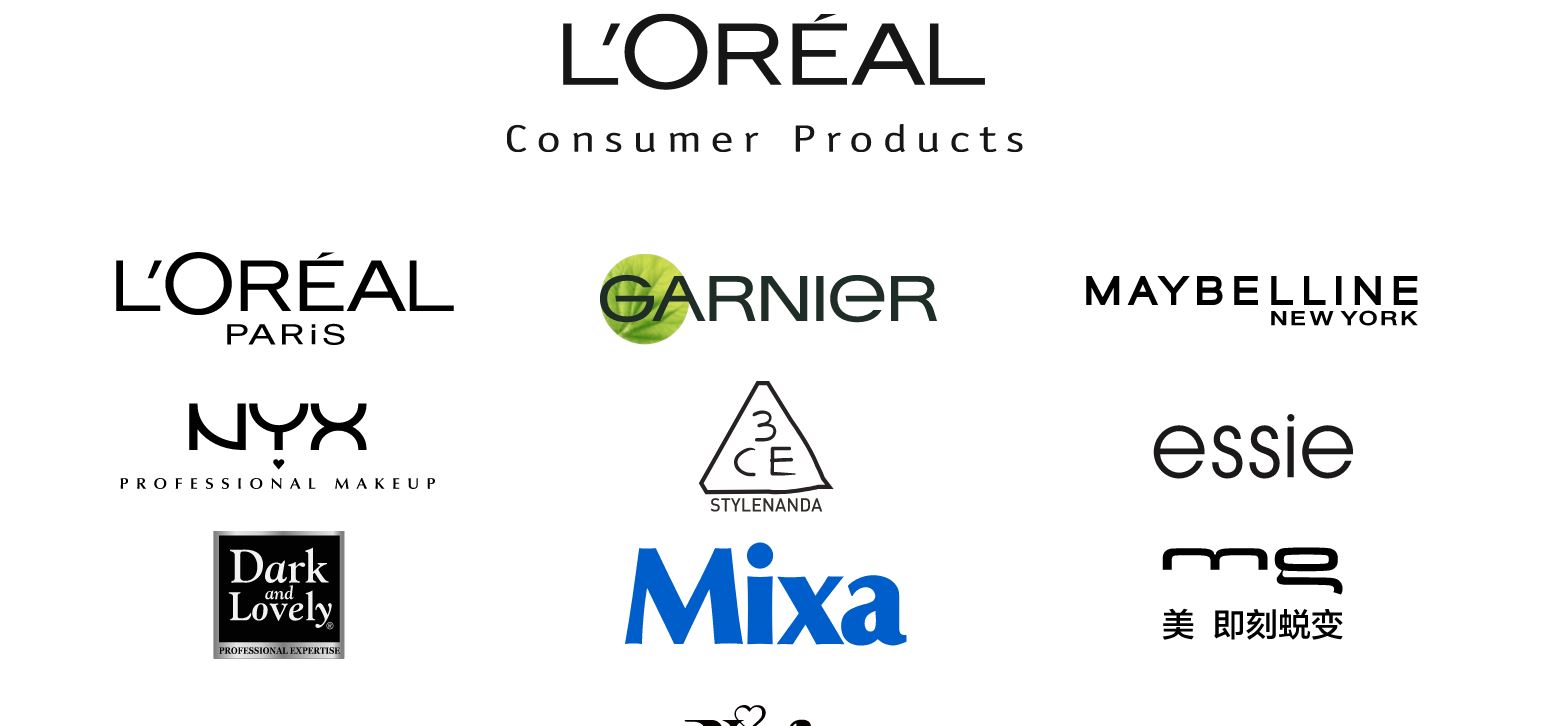 A gallery of logos including Garnier, NYX, Maybelline, Stylenanda, Essie, Dark and Lovely, Mixa, and MG
