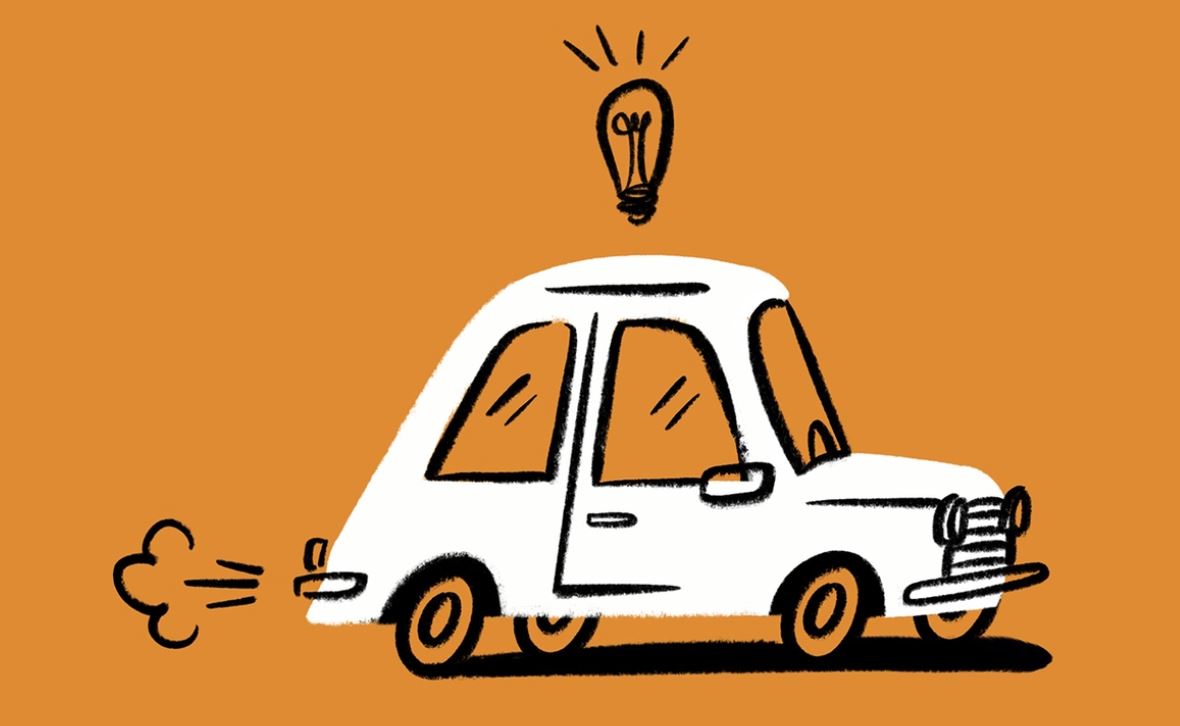 A drawing of a white car with a light bulb on top