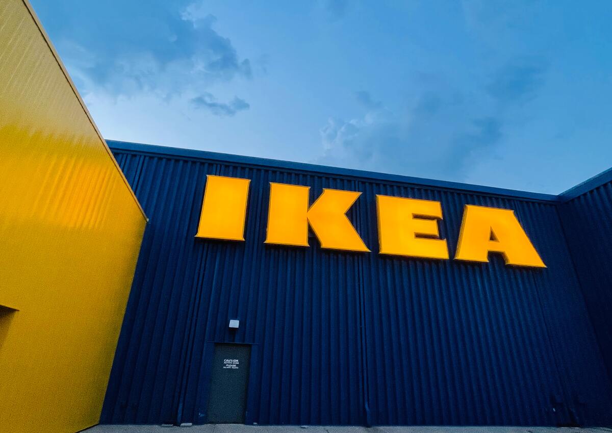 A huge IKEA logo on a blue building