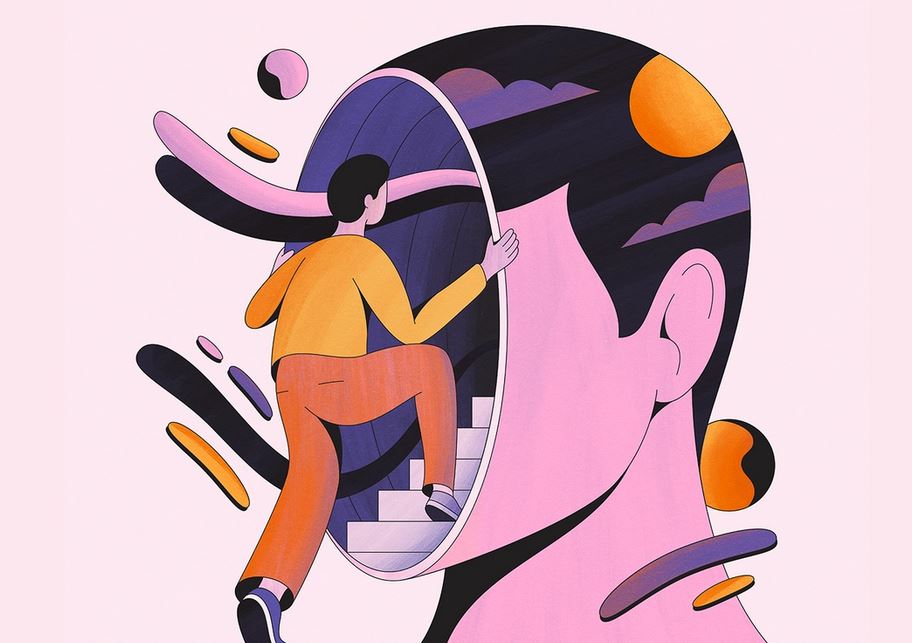 Quirky illustration of a man stepping inside a human’s head