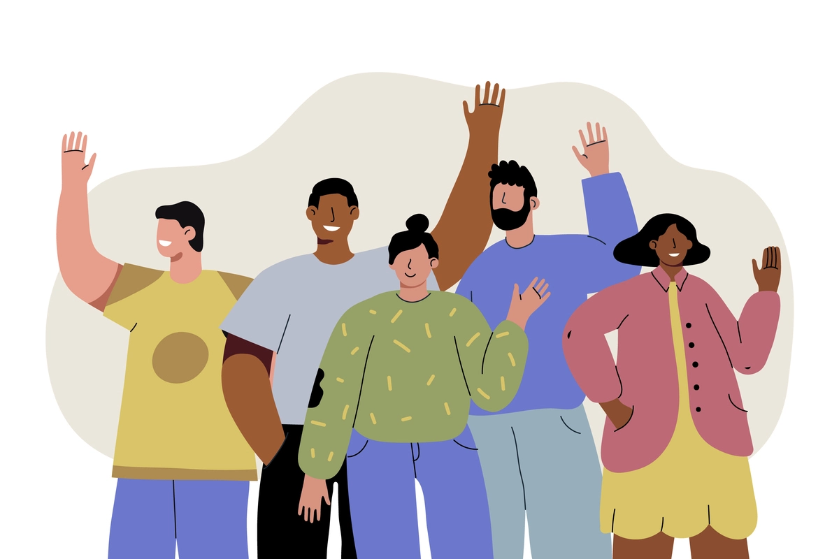 A group of diverse men and women wave their hands