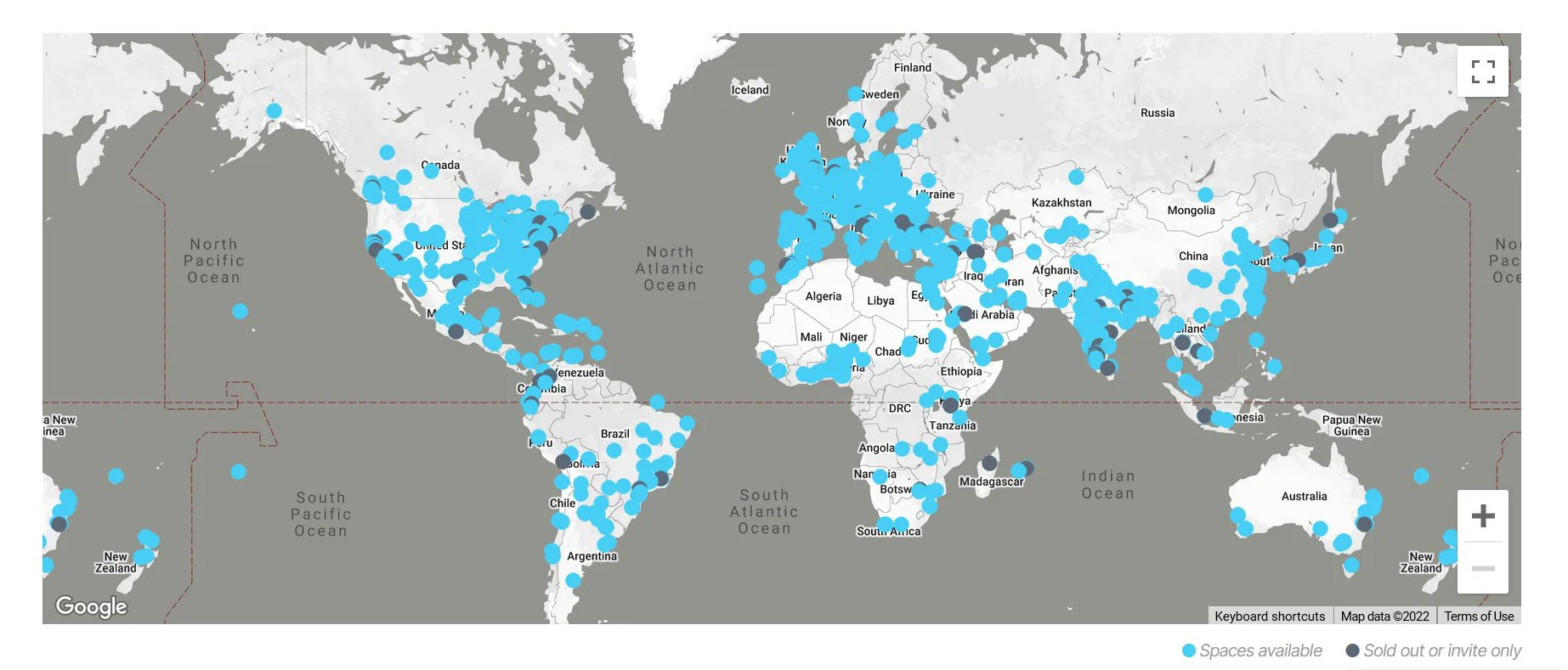 A map depicting the events organized by TED across the globe with blue and gray dots