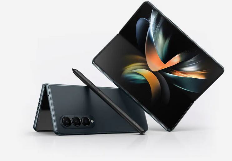 Two Samsung Galaxy Fold smartphones positioned on top of each other