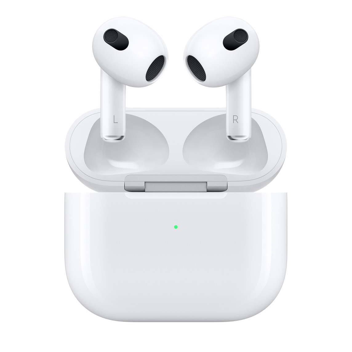 A pair of white ear pods with a case