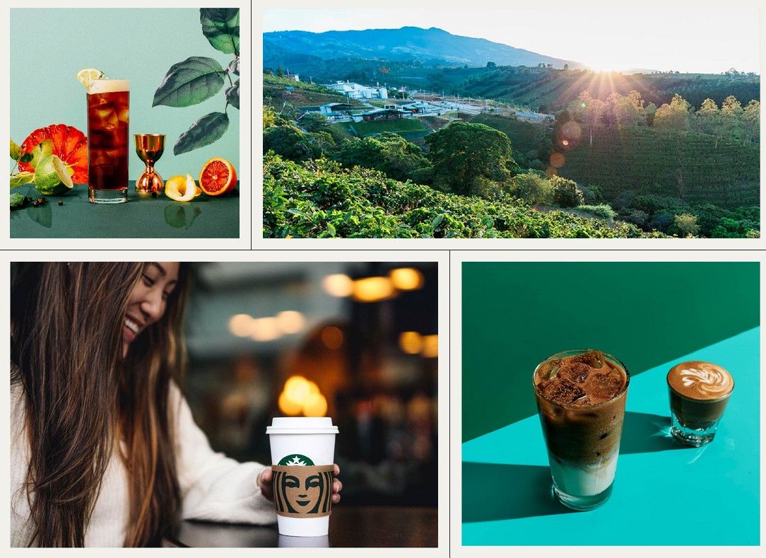 Still photos of a glass of iced fruit juice, a scenic coffee plantation, a woman smiling while holding a cup of coffee, and a glass of iced coffee with a side of espresso shot