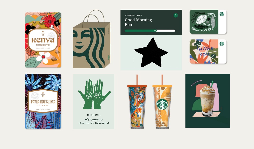 Artful illustrations of coffee bags, tumblers, and reward cards