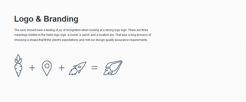 Vector images of a carrot, location, and a rocket forming the logo of Nelio