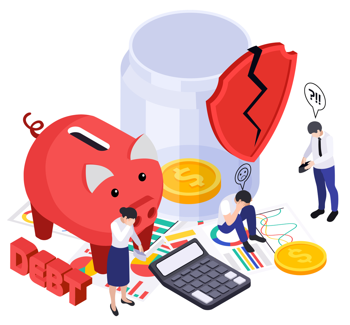Three people are sulking while surrounded by a red piggy bank, a broken security icon, and an almost empty jar