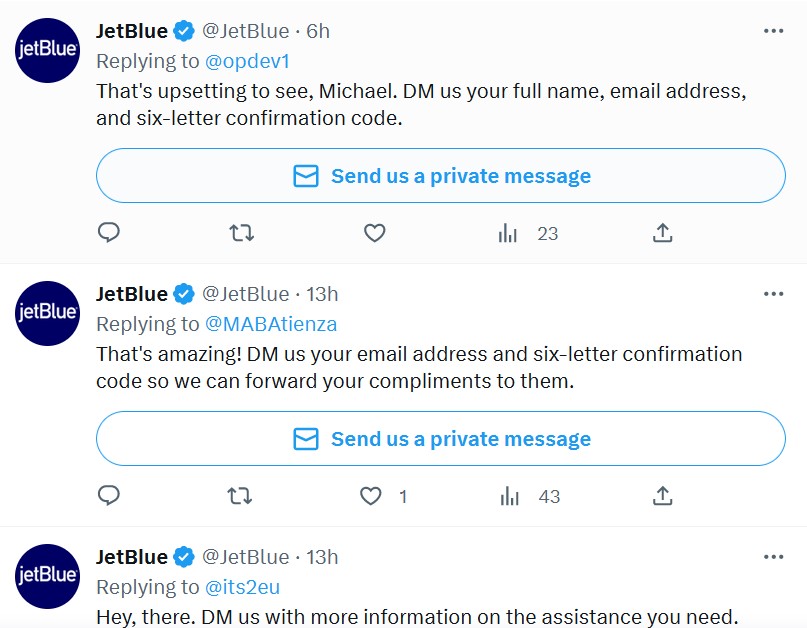 A screenshot of JetBlue airline’s Twitter account responding to customer complaints