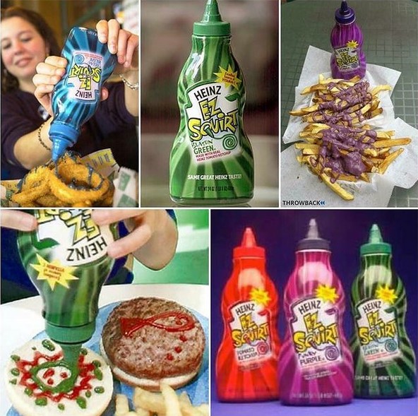 A collage of colorful Heinz ketchup in green, purple, blue, and orange