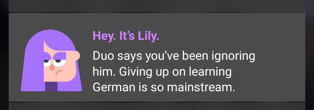 Language learning app Duolingo notification teasing the user for giving up on learning German