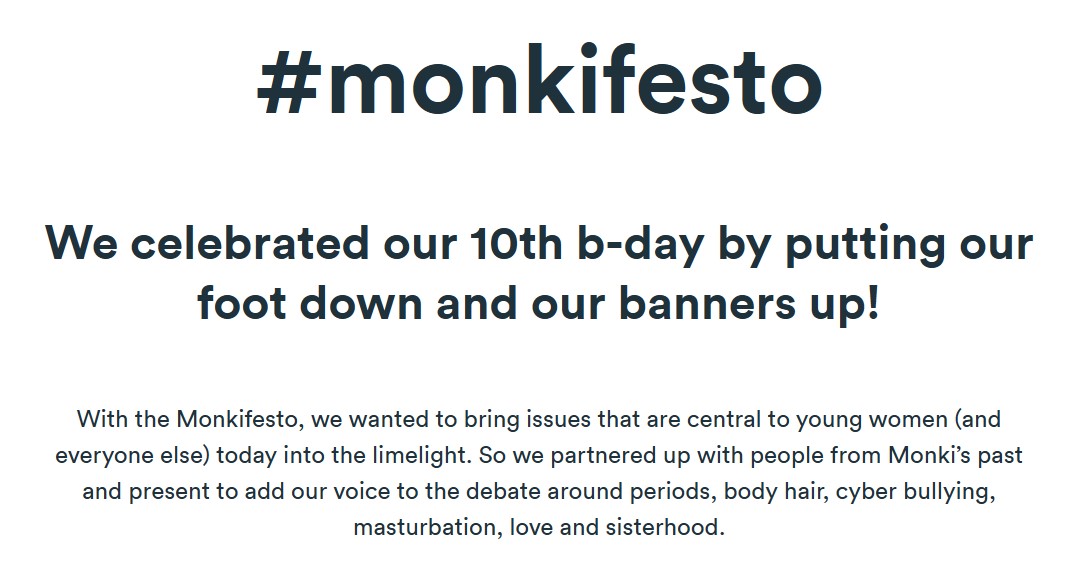 Fashion brand Monki's manifesto commemorating its commitment to women