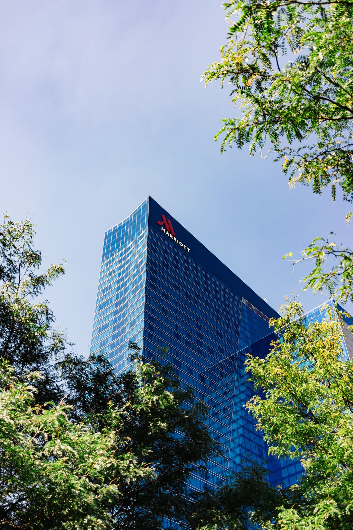 Hotel facade with a massive logo of Marriott