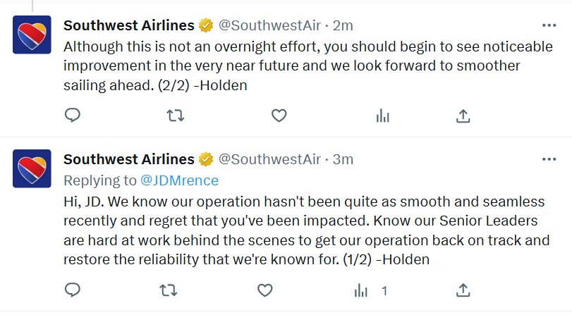 Screenshot of Southwest Airlines assisting a customer on Twitter