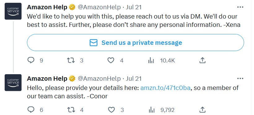 Screenshot of Amazon assisting customers on Twitter