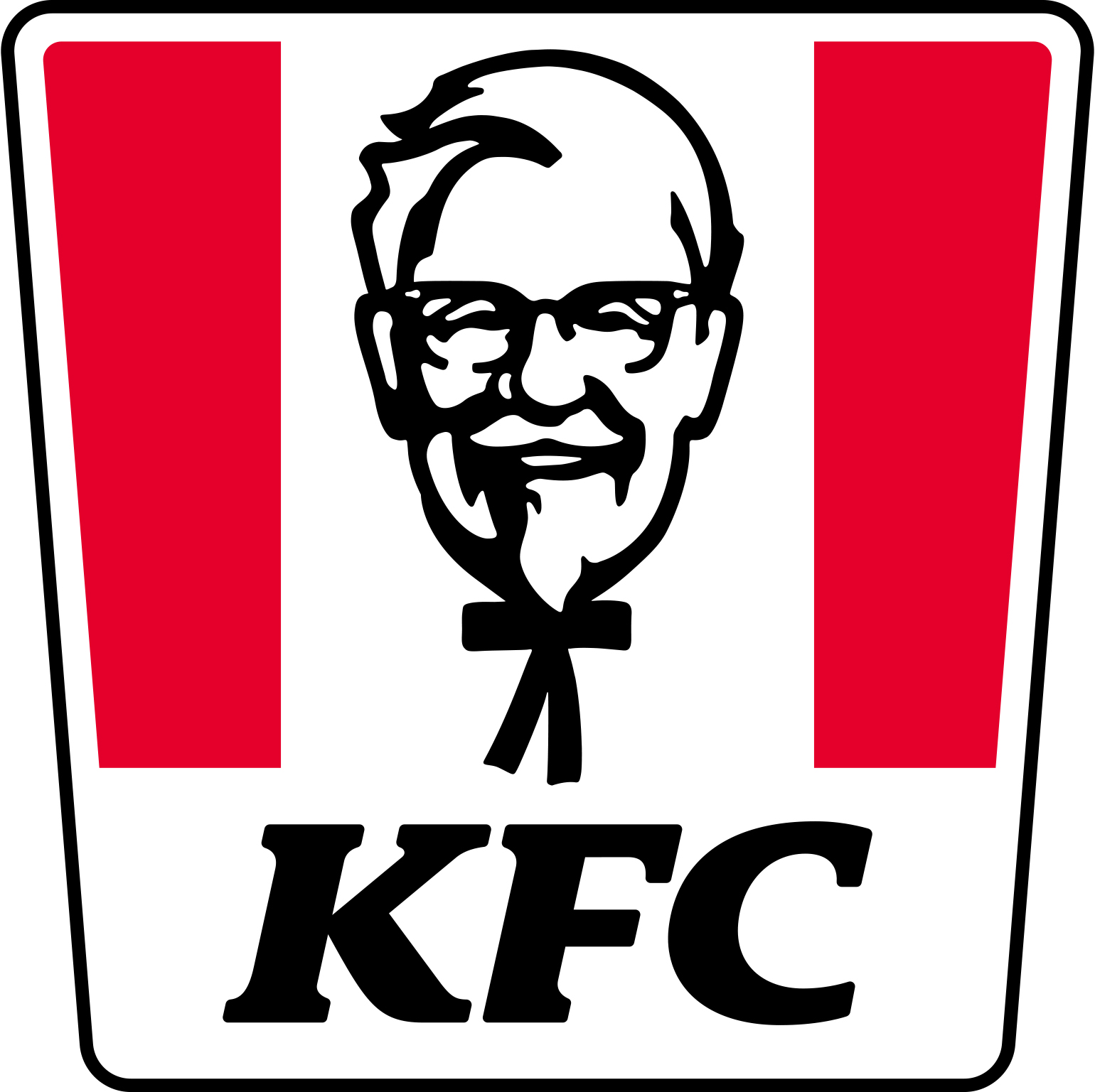 An older man's face is illustrated on a red and white bucket of KFC