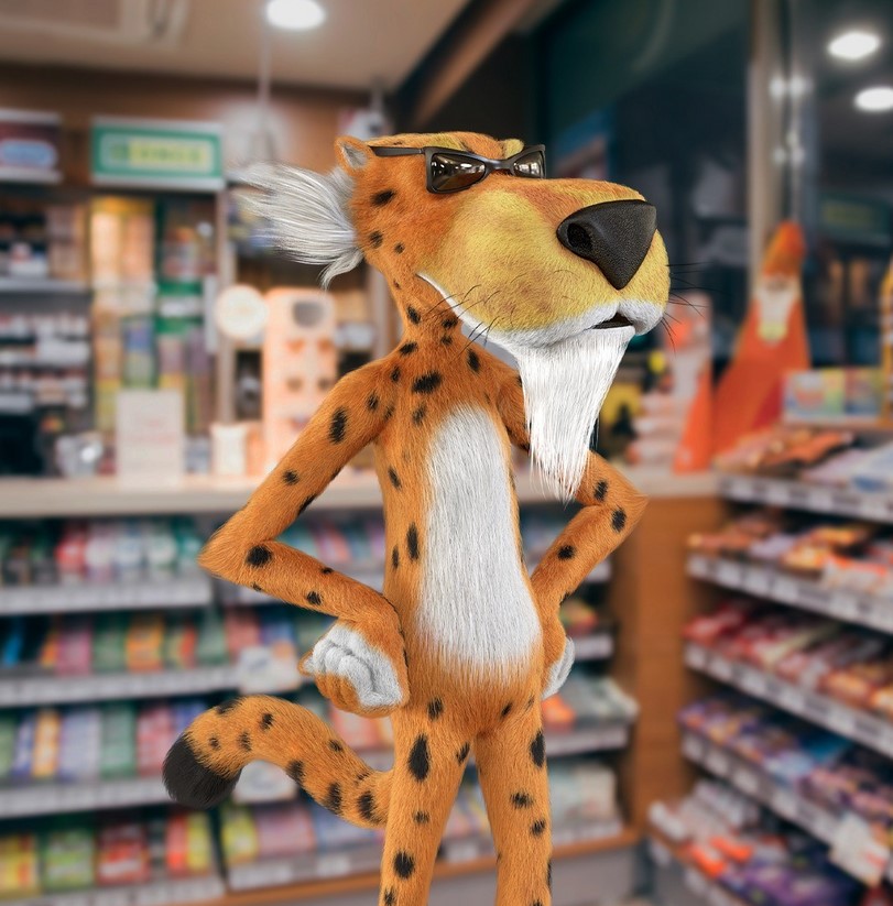 An orange cheetah wearing a pair of sunglasses stands in a pensive pose in a grocery store